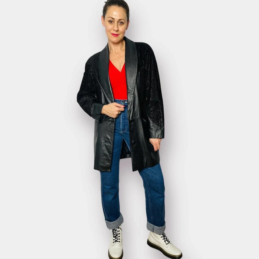 80s Comint Leather and Textured Suede Black Mid Length Coat‎